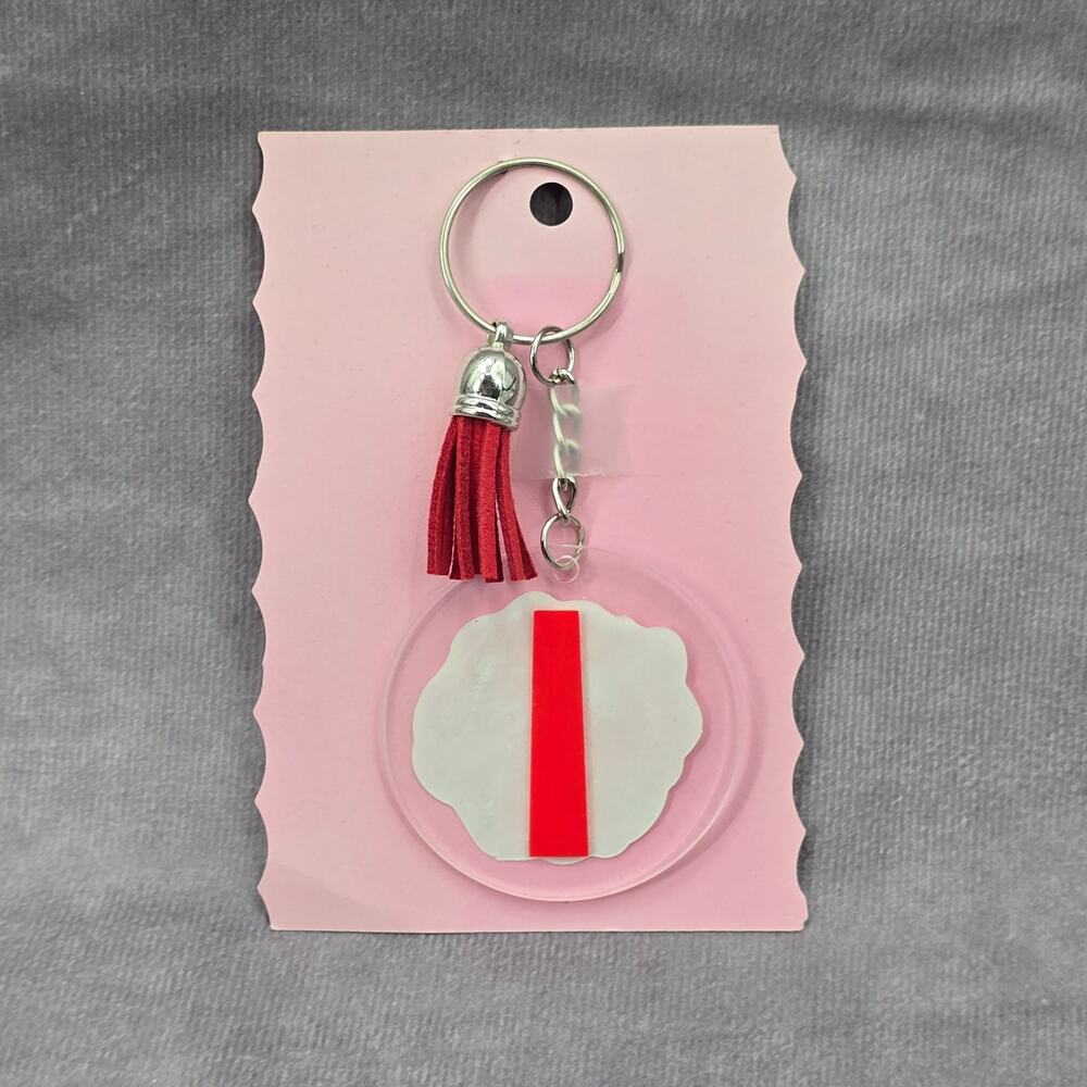 Letter Keychain Clear Silver Circle Handmade Acrylic Tassel‎ Flower I Red